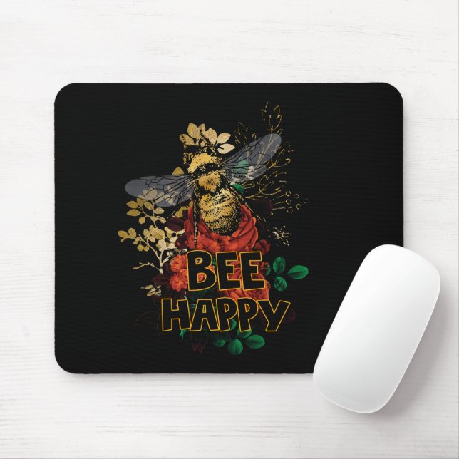 Bee Happy Colourful Bee and Flowers Mouse Pad (With Mouse)