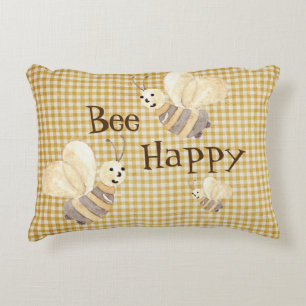 Bee Happy Country Pattern Watercolor Accent Pillow