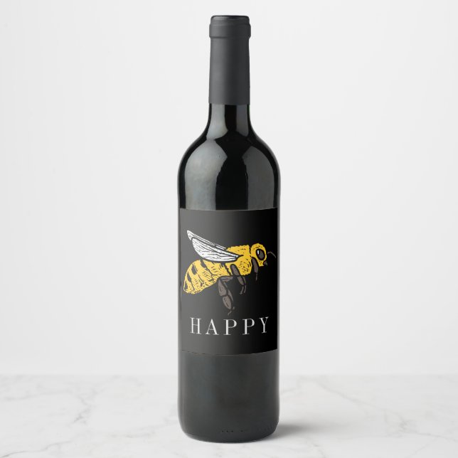 Bee Happy Custom Insect Illustration Wine Label (Front)