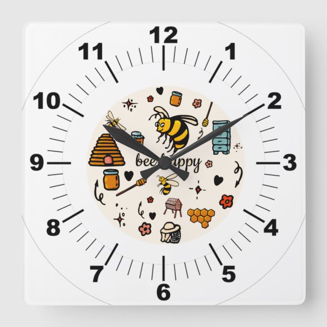 Bee happy cute bees word art square wall clock (Front)