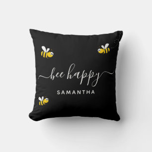 Bee happy cute bumble bees black white monogram throw pillow