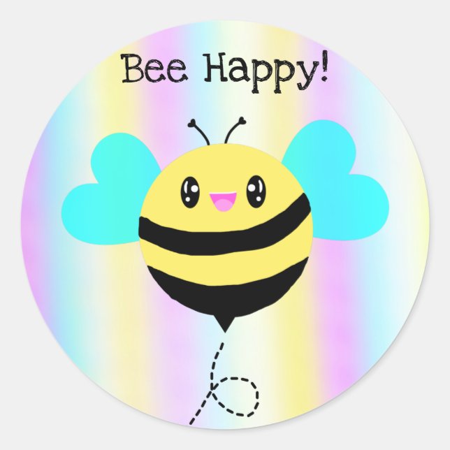 Bee Happy! Cute Kawaii Pastel Rainbow Stripes Classic Round Sticker (Front)