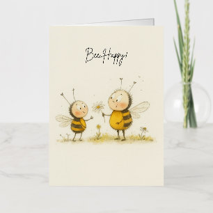 Bee Happy Cute Watercolor Bumblebee Greeting Card 
