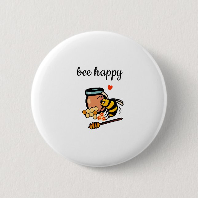 Bee happy cute yellow and blue word art 2 inch round button (Front)
