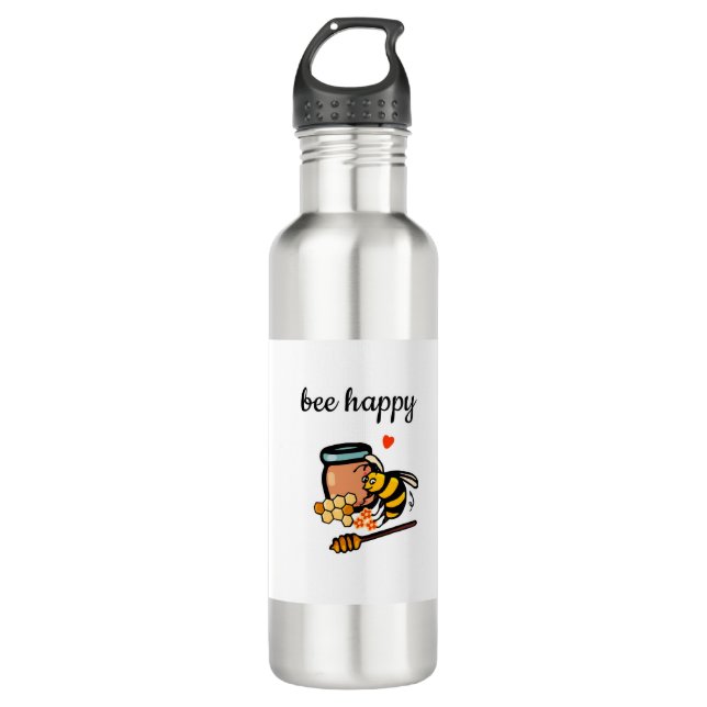 Bee happy cute yellow and blue word art 710 ml water bottle (Front)