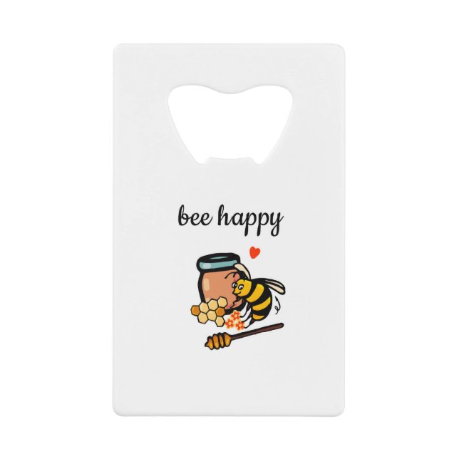 Bee happy cute yellow and blue word art credit card bottle opener (Front)