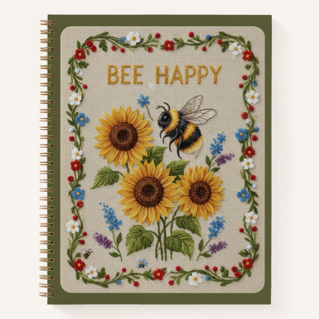 Bee Happy Embroidered Bumblebee &Sunflowers Floral Notebook (Front)
