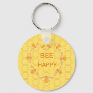 Bee Happy honey bees on yellow honeycomb Keychain