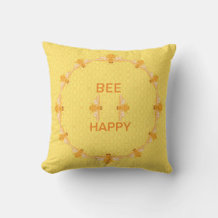 Bee Happy honey bees on yellow honeycomb Throw Pillow