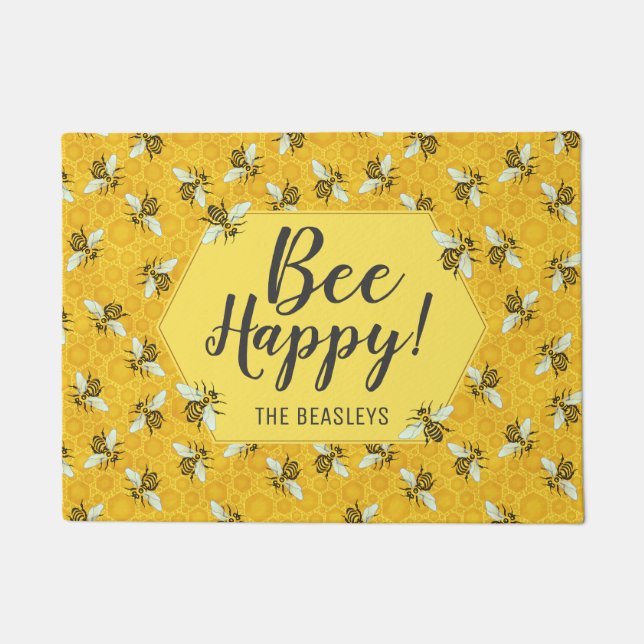 Bee Happy Honeybees and Honeycomb | Family Name Doormat (Front)