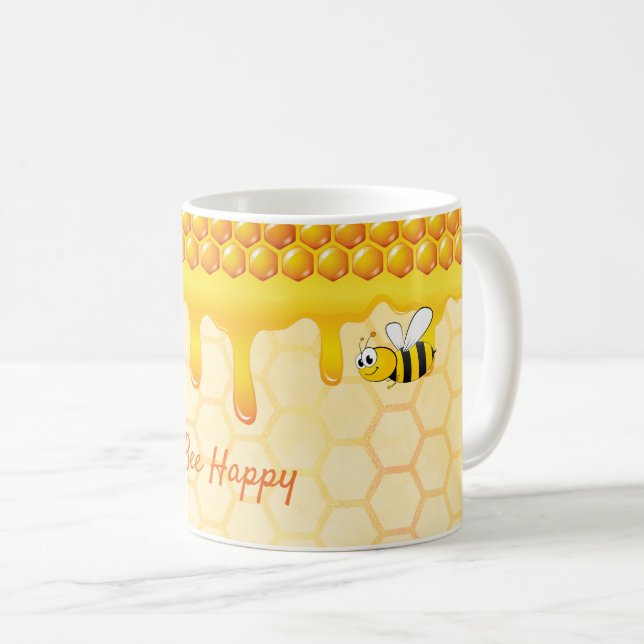 Bee happy honeycomb pattern honey dripping coffee mug (Front Right)