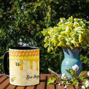 Bee happy honeycomb pattern honey dripping mug