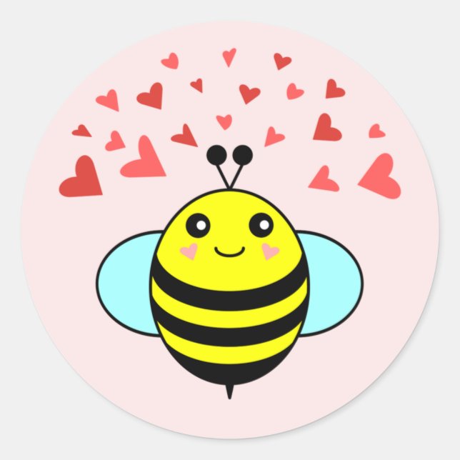 Bee Happy Love Heart Classic Round Sticker (Front)