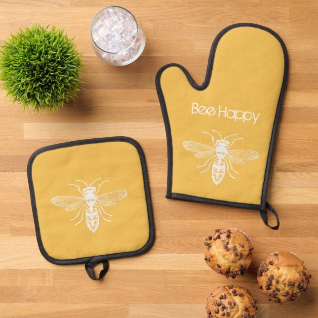 Bee Happy Oven Mitt & Pot Holder Set (Top Down)