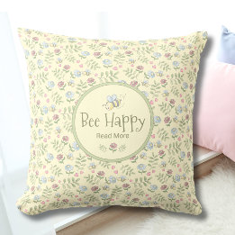 Bee Happy Read More Floral Book Lover  Throw Pillow