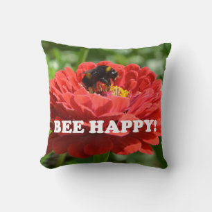 Bee Happy Red Flower Throw Pillow