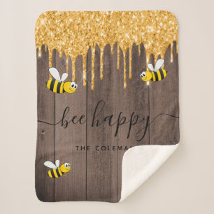 Bee happy rustic bees brown barn wall monogram sherpa blanket