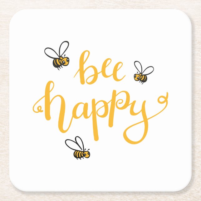 Bee happy square paper coaster (Front)
