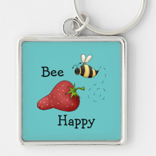 Bee Happy Strawberry Print Art Keychain