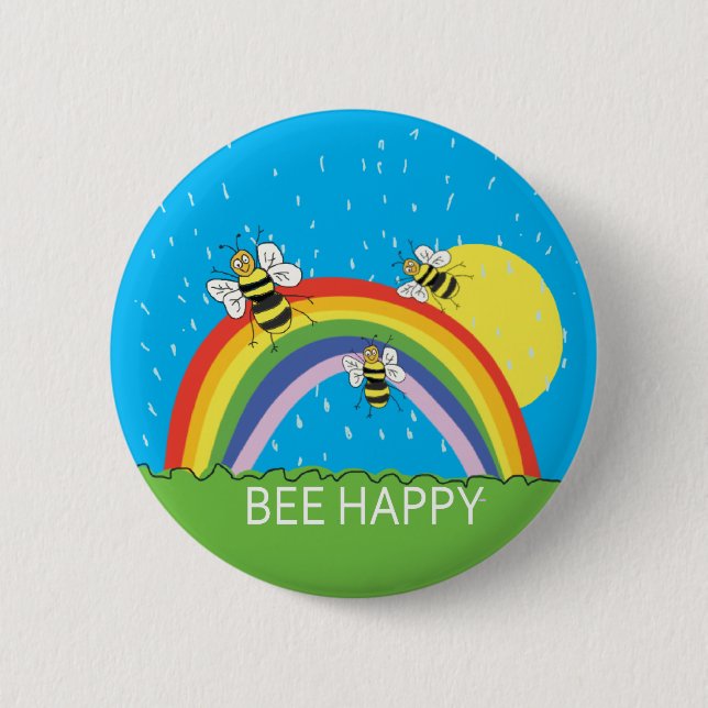Bee Happy Summer rainbow sunshine bees honey 2 Inch Round Button (Front)