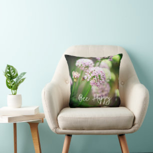 Bee Happy with Purple Diagonal Allium Flowers Throw Pillow