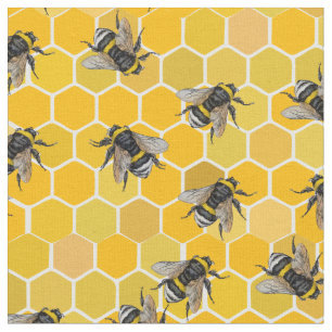 Bee hive. Yellow honey bumblebee insect. Honeycomb Fabric