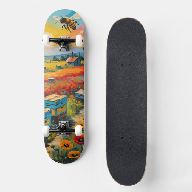 Bee Hives Poppies And Bees With Vibrant Sunrise Skateboard (Front)