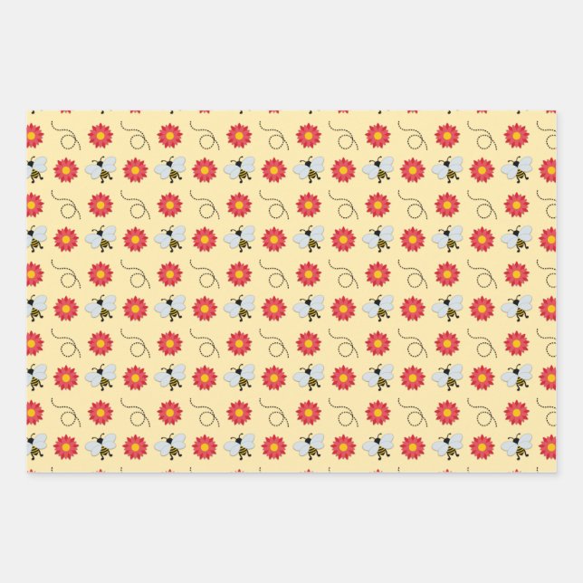 Bee Honey And Flower Wrapping Paper Sheet (Front)