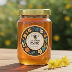 Bee Honey Jar Sticker Label - Dark Modern Floral