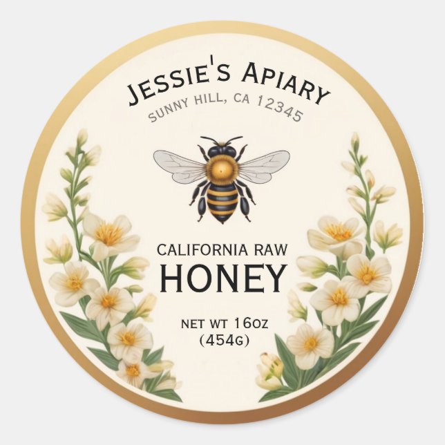 Bee Honey Jar Sticker Label Vintage White Flowers (Front)