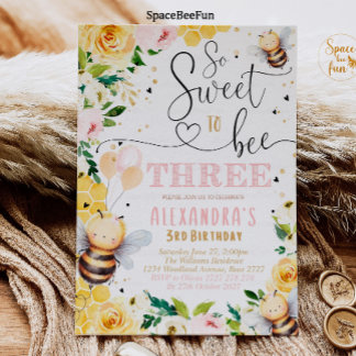 Bee Honey THREE Birthday invitation Boho Girl