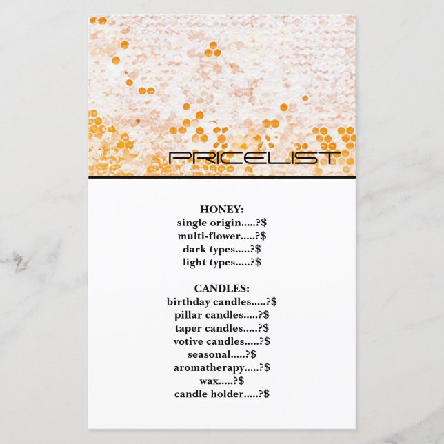 Bee & Honey White Pricelist (Front)