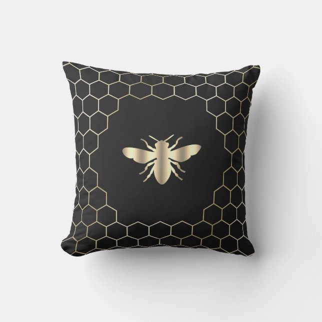 bee honeycomb hexagons design on black outdoor pillow (Front)