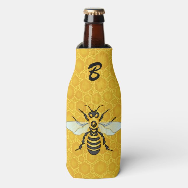 Bee Honeycomb Monogram Honeybee Beehive Bottle Cooler (Bottle Front)