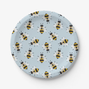 Bee Illustration Blue Patterned Paper Plate