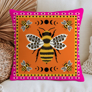 Bee Illustrations on Burnt Orange Elegant Floral  Throw Pillow