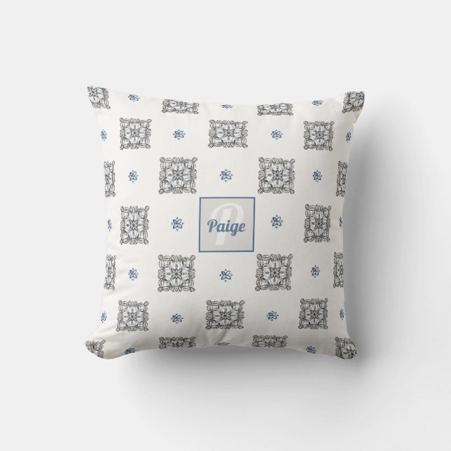 Bee Inspired Hand-Drawn Doodle with Monogram Throw Pillow (Front)
