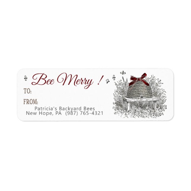 Bee Joyeux Miel Étiquette cadeau Red Bow Skep Noël (Devant)