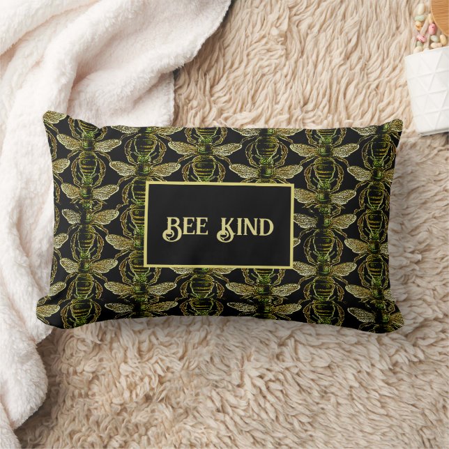 Bee Kind Elegant Gold and Black Bee Pattern Lumbar Pillow (Blanket)