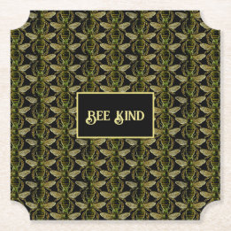 Bee Kind Elegant Gold and Black Bee Pattern Paper Coaster