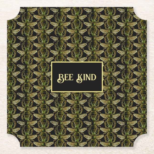Bee Kind Elegant Gold and Black Bee Pattern Paper Coaster (Front)