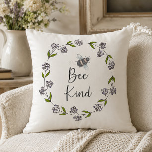 Bee Kind Floral Wreath Throw Pillow
