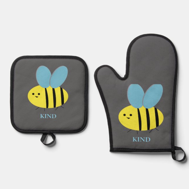 Bee Kind Grey Blue Oven Mitt & Pot Holder Set (Front)