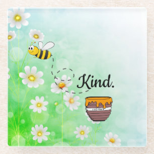 Bee Kind Honey floral green insect cartoon text Glass Coaster