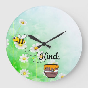 Bee kind honey floral green insect cartoon text large clock