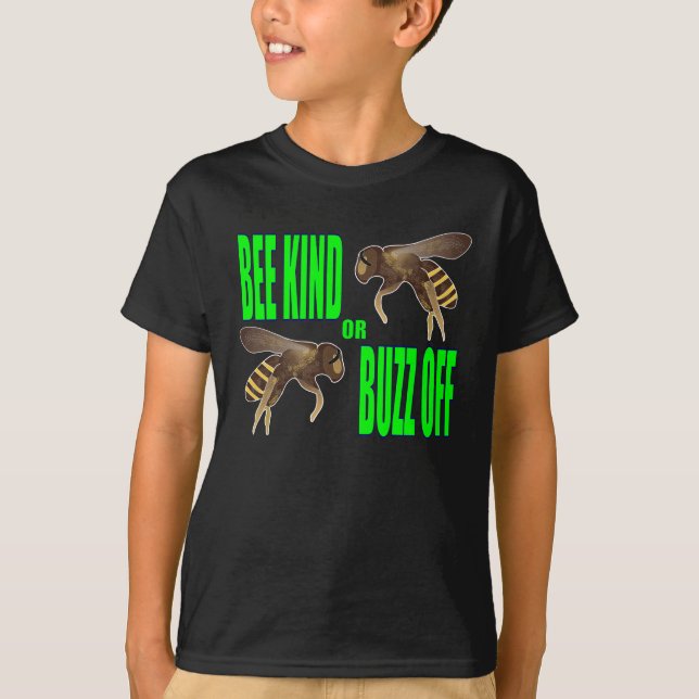 Bee Kind or Buzz Off Detailed Bees Lime Green Font T-Shirt (Front)
