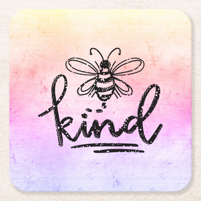 Bee Kind Rainbow Ombre Square Paper Coaster (Front)