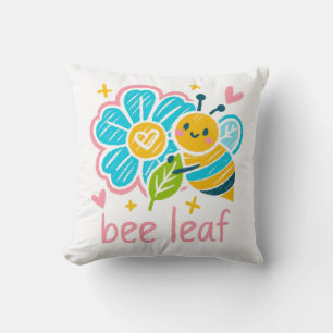 Bee Leaf' Crayon Art: Happy Bumblebee Animal Lover Throw Pillow