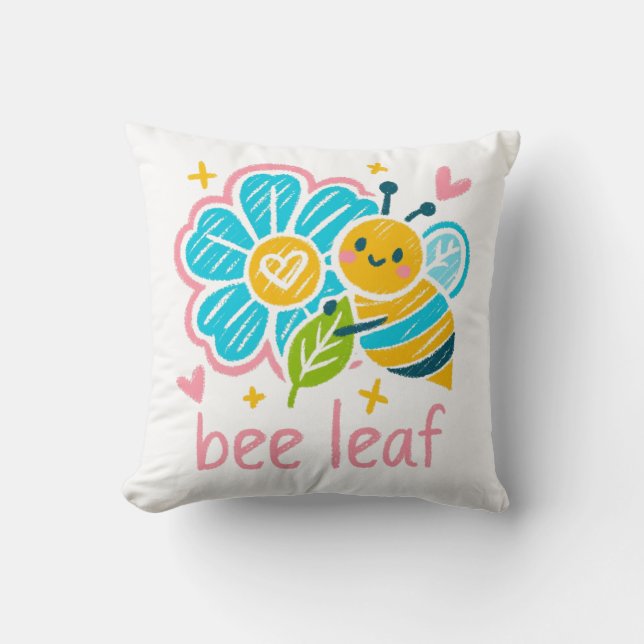 Bee Leaf' Crayon Art: Happy Bumblebee Animal Lover Throw Pillow (Front)
