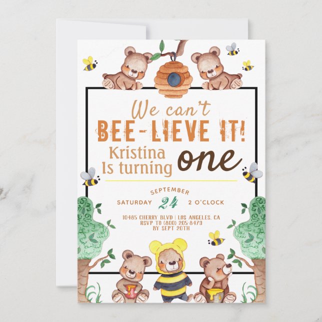Bee-lieve It Honey Bear Birthday Invitation (Front)